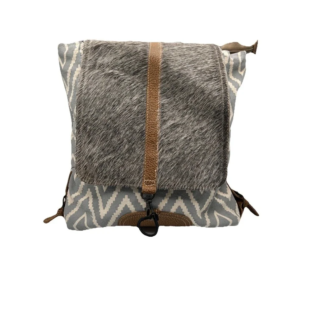Myra Bag Aztec Motif, Leather, Cotton Backpack, Flap Closure, Grey/White, VGC